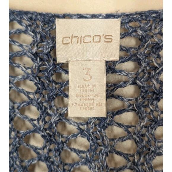 Chico's Whitney Pullover Sweater Light Dark Blue Asymmetrical Knit Crochet Sz L - Picture 3 of 10